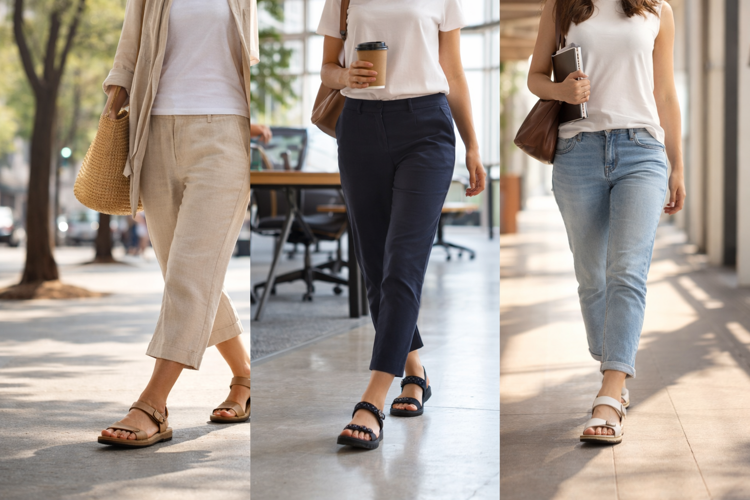 Pessoas caminhando em ambientes urbanos usando sandálias confortáveis em diferentes contextos da rotina diária