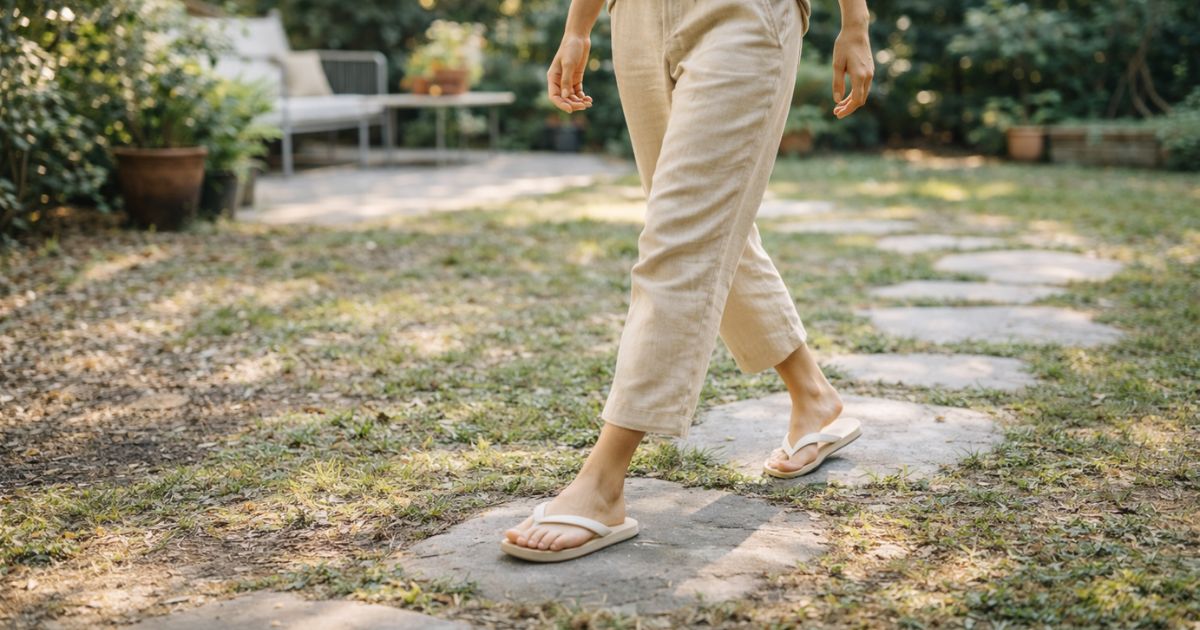 Pessoa caminhando em jardim residencial usando chinelos em um momento leve da rotina diária