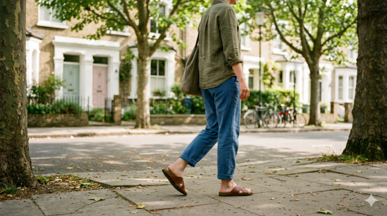 Pessoa caminhando em calçada urbana usando calçado confortável em um momento cotidiano