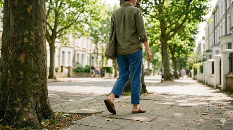 Pessoa caminhando em calçada urbana em um momento cotidiano usando calçado confortável