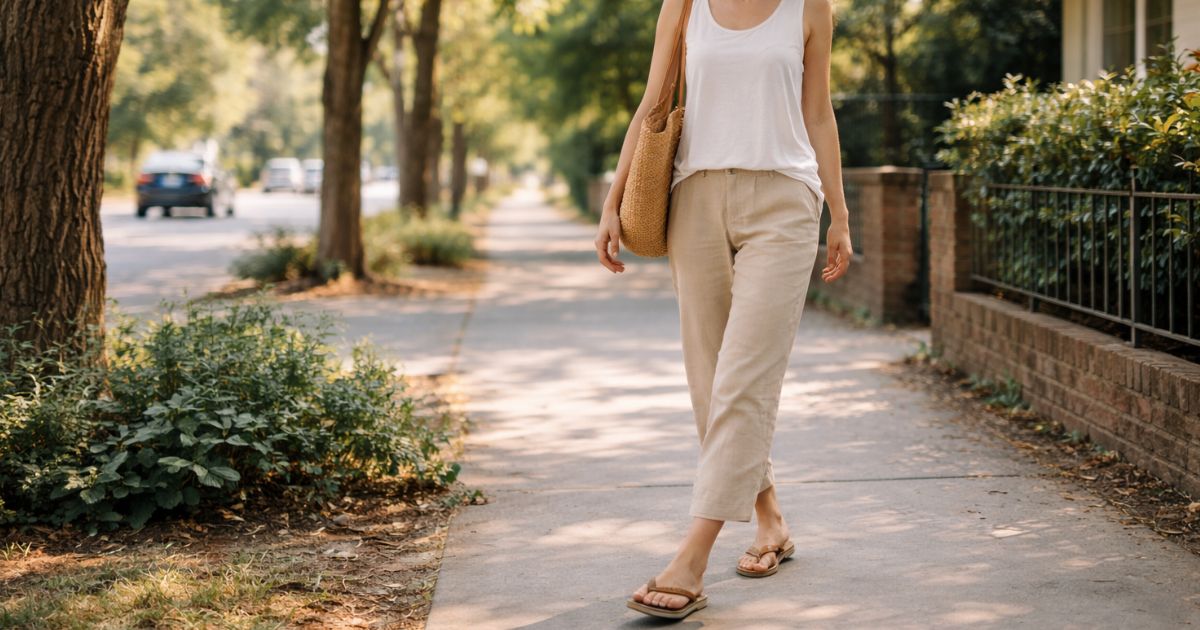 Pessoa caminhando calmamente em calçada arborizada usando sandálias em um momento leve da rotina diária