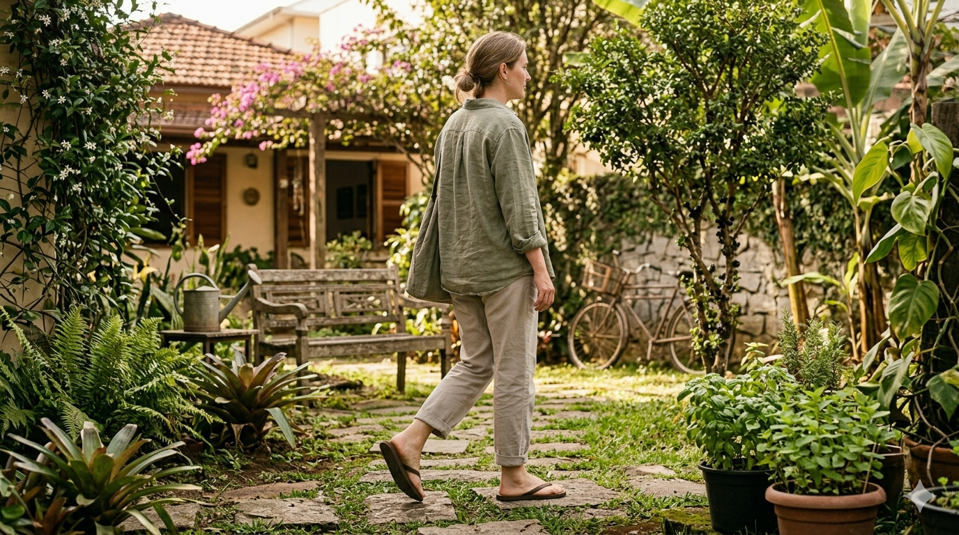 Pessoa caminhando em ambiente residencial usando chinelos em rotina leve do dia a dia