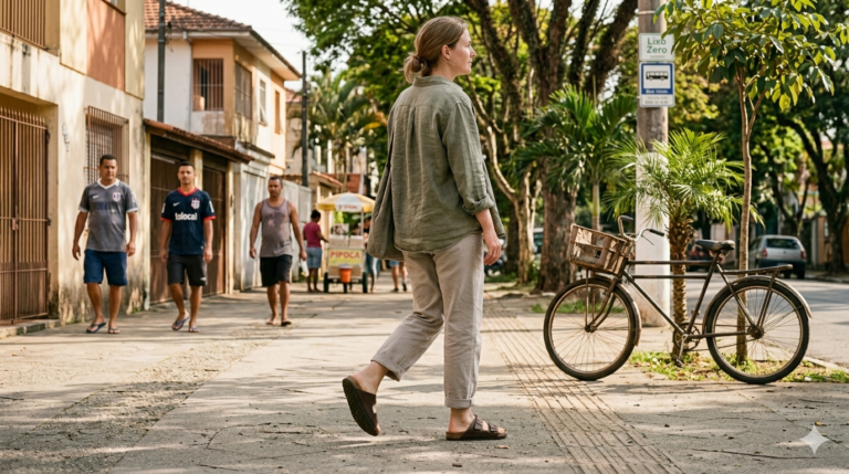 Pessoa caminhando em ambiente urbano usando sandália em rotina do dia a dia