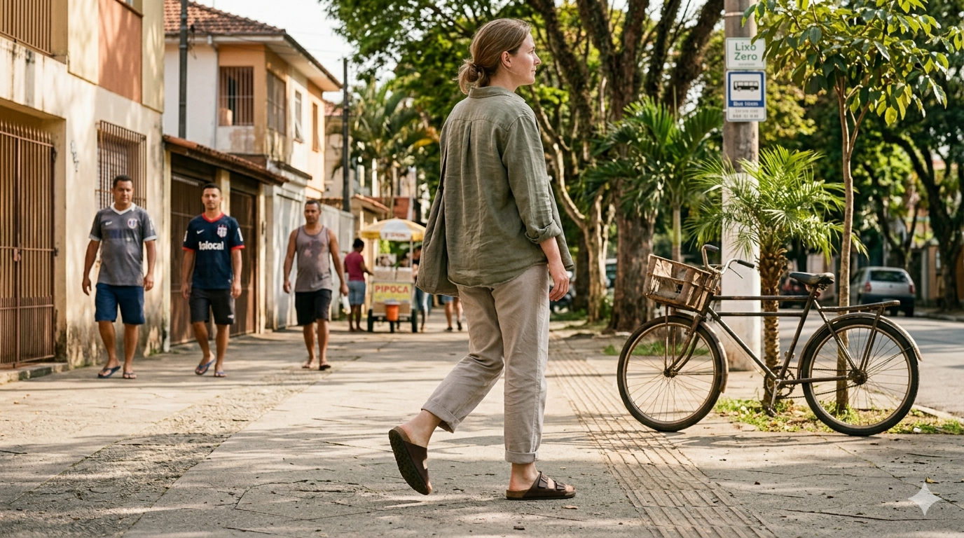Pessoa caminhando em ambiente urbano usando sandália em rotina do dia a dia