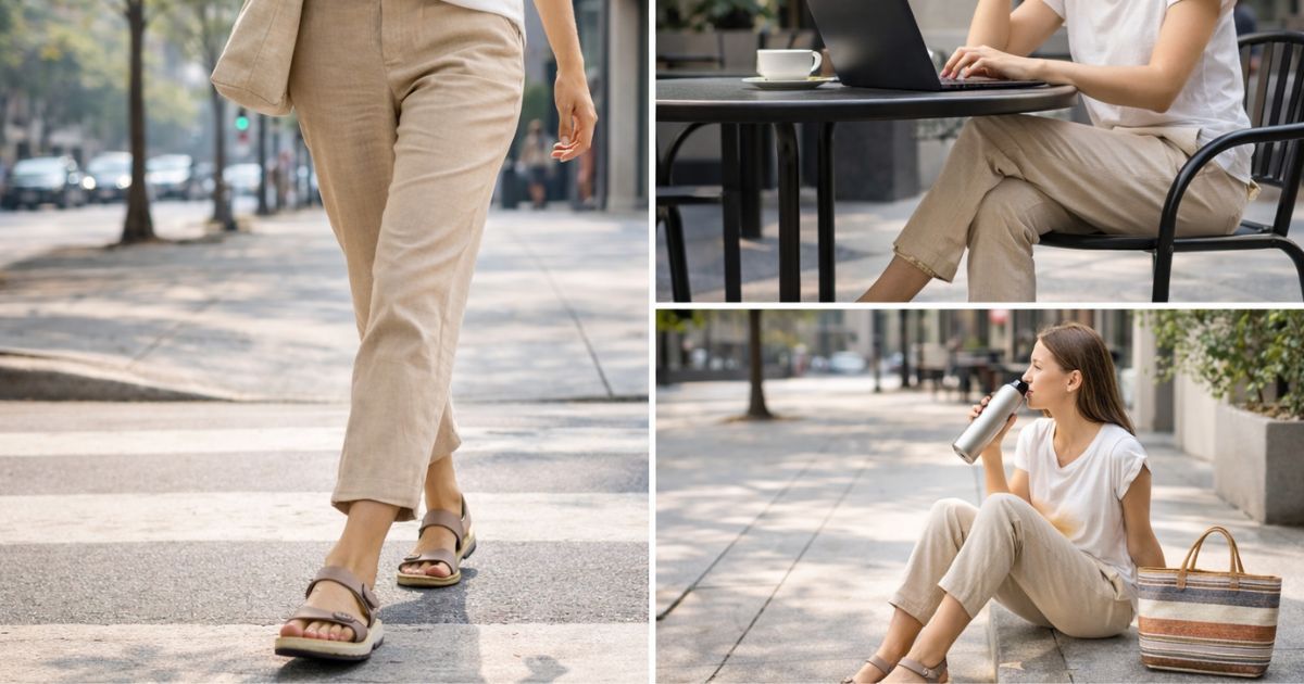 Pessoa caminhando, trabalhando e fazendo pausa em ambiente urbano usando calçado confortável ao longo do dia