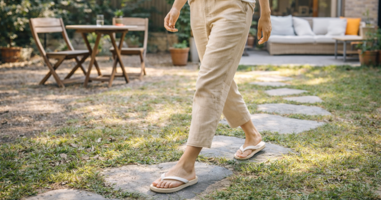 Pessoa caminhando em ambiente residencial usando chinelos em uma rotina leve do dia a dia