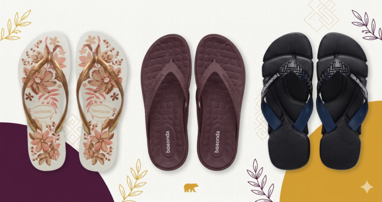 Três modelos de chinelos confortáveis: básico, estampado floral e anatômico.