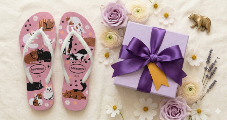 Chinelo floral como presente de Dia dos Namorados com caixa e flores delicadas.