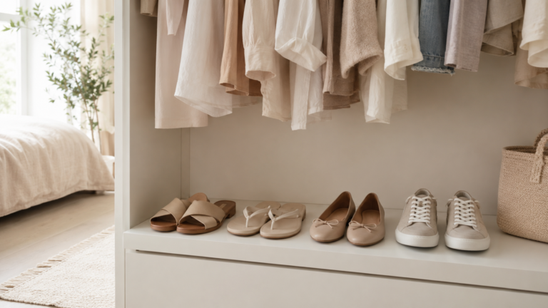 Calçados confortáveis organizados em guarda-roupa claro e minimalista.